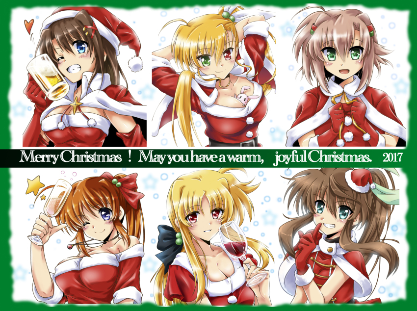 2017 6+girls aged_up ahoge alcohol asymmetrical_bangs bare_shoulders beer beer_mug belt between_breasts black_belt black_bow blonde_hair blue_eyes bow breasts brown_hair cape capelet champagne champagne_flute cleavage closed_mouth collarbone cup dated dress drinking_glass elbow_gloves english_text fate_testarossa finger_to_mouth fuka_reventon glass gloves green_eyes green_ribbon grin hair_bobbles hair_bow hair_ornament hair_over_shoulder hair_ribbon hair_tubes hat heart heterochromia highres holding jewelry large_breasts long_hair looking_at_viewer lyrical_nanoha medium_breasts merry_christmas mini_hat mini_santa_hat miura_rinaldi mug multiple_girls necklace off_shoulder one_eye_closed open_mouth ponytail portrait raising_heart raising_heart_(standby_mode) red_cape red_capelet red_dress red_eyes red_gloves red_hat red_ribbon red_shirt ribbon sacred_heart san-pon santa_costume santa_hat shirt short_hair short_sleeves shushing side_ponytail smile star_(symbol) strapless strapless_dress takamachi_nanoha twitter_username vivid_strike! vivio wine wine_glass x_hair_ornament yagami_hayate