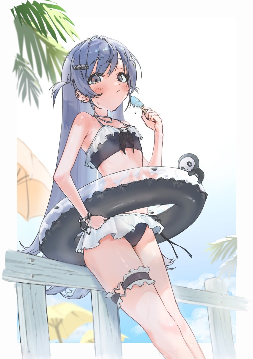 1girl against_railing bare_shoulders beach_umbrella bikini bird black_bikini blue_hair blue_sky blush border closed_mouth feet_out_of_frame food food_in_mouth frilled_bikini frilled_thigh_strap frills hair_ornament hairclip hashtag-only_commentary highres holding holding_food holding_ice_cream holding_popsicle ice_cream innertube jewelry leaning_on_object long_hair looking_at_viewer mumu_123454321 necklace outdoors palm_tree penguin popsicle popsicle_in_mouth railing sky solo sweat swim_ring swimsuit thigh_strap tree two_side_up umbrella very_long_hair virtual_youtuber vspo! yano_kuromu