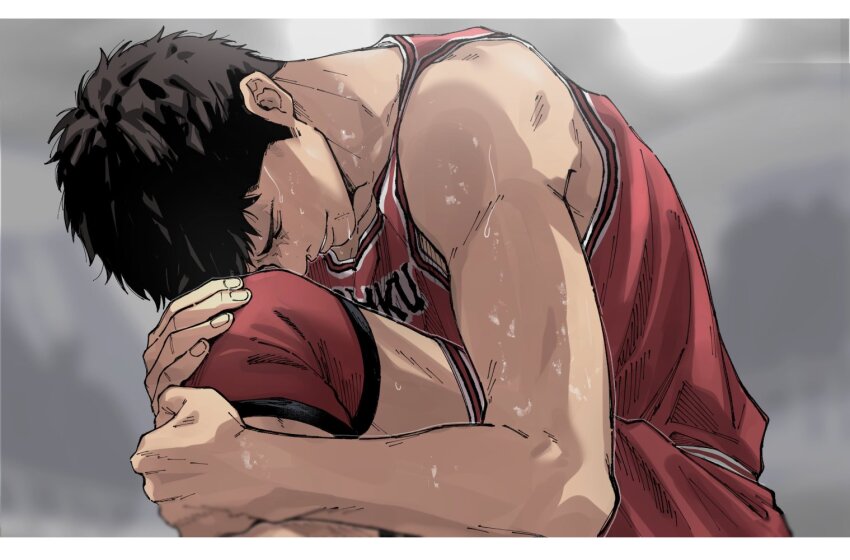 1boy bare_shoulders basketball_jersey basketball_shorts basketball_uniform black_hair clenched_teeth closed_eyes feet_out_of_frame fingernails hugging_own_leg knee_pads letterboxed male_focus mitsui_hisashi red_shorts short_hair short_sideburns shorts single_knee_pad slam_dunk_(series) sleeveless solo sportswear sweat teeth very_short_hair very_sweaty wahootarou