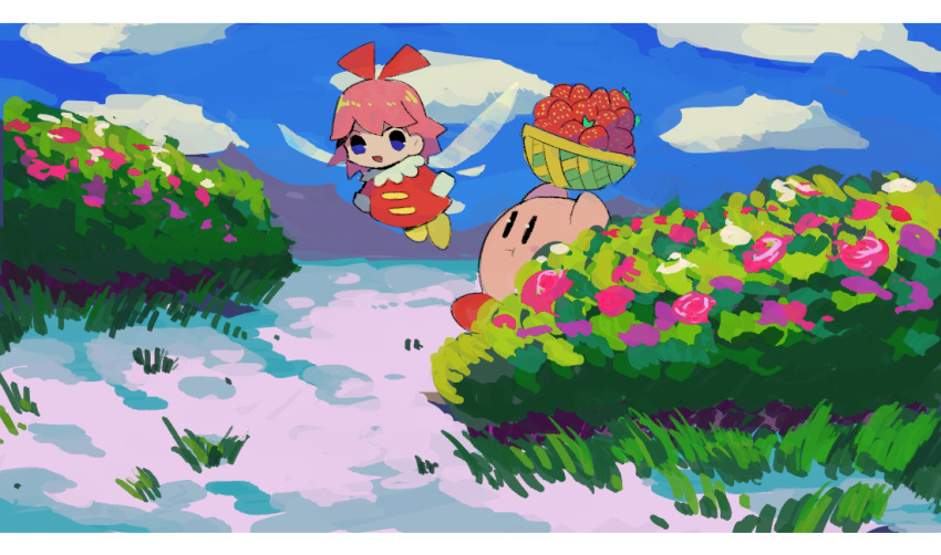 1boy 1girl bad_id bad_pixiv_id basket blue_eyes carrying cloud dress fairy flower food fruit kirby kirby_(series) kirby_64 nintendo open_mouth outdoors pink_hair ribbon_(kirby) smile soumenhiyamugi strawberry