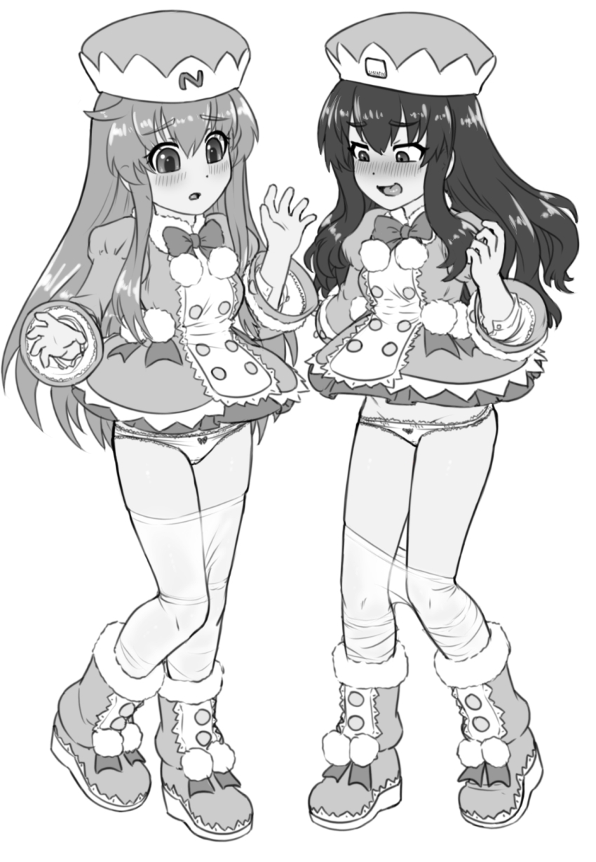 2girls alloyrabbit blush boots bow bow_panties bowtie buttons coat cosplay double-breasted embarrassed full_body greyscale groin hair_between_eyes hands_up hat highres knees_together_feet_apart leg_up long_hair looking_at_another looking_down monochrome multiple_girls nepgear neptune_(series) open_mouth panties pantyhose pom_pom_(clothes) ram_(neptunia) ram_(neptunia)_(cosplay) rom_(neptunia) rom_(neptunia)_(cosplay) see-through_clothes standing standing_on_one_leg undersized_clothes underwear uni_(neptunia) upskirt very_long_hair wide_sleeves