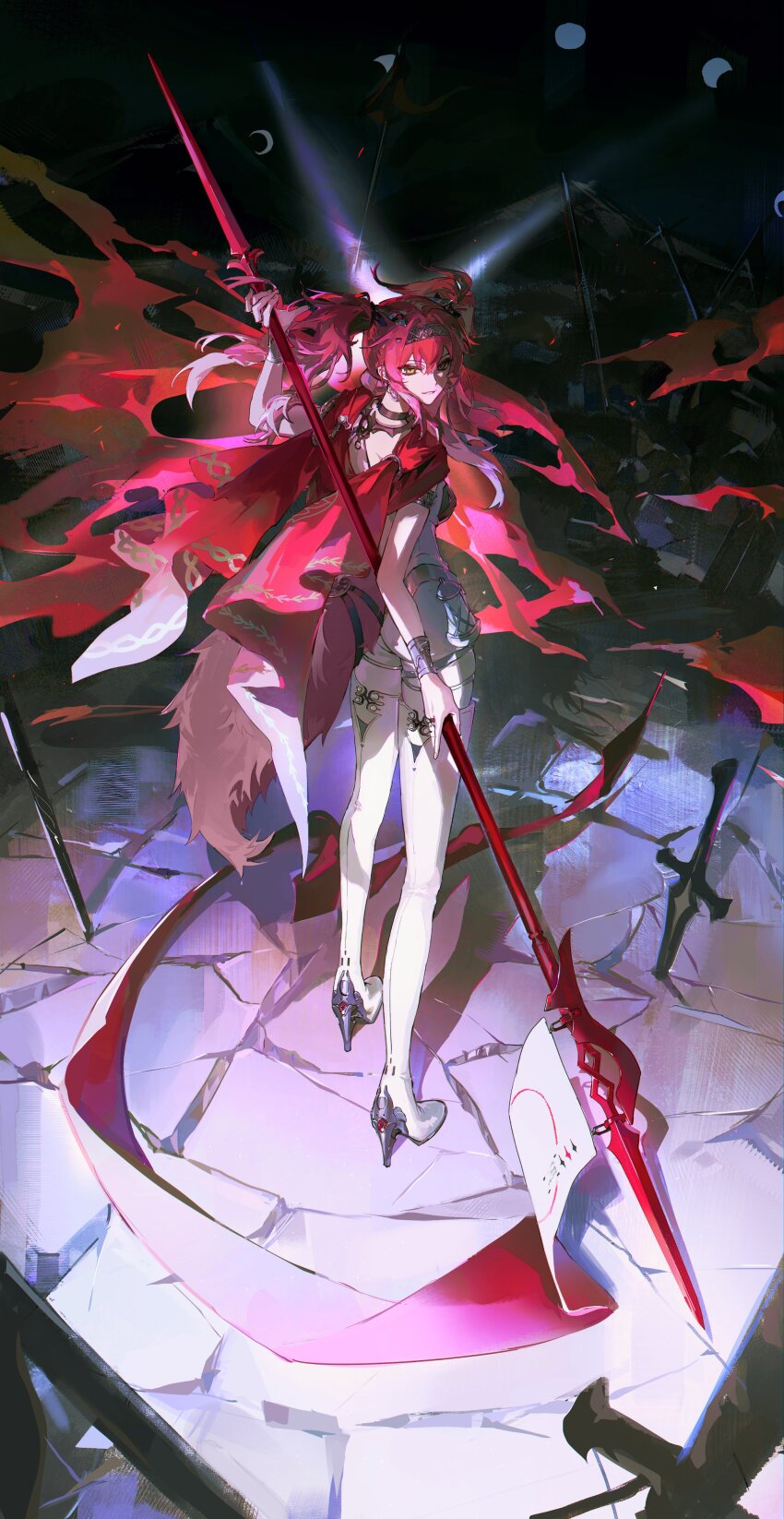 1girl absurdres ass black_bow bodysuit boots bow breasts collar commentary from_behind hair_between_eyes hair_bow hairband hashtag-only_commentary high_heel_boots high_heels highres holding holding_polearm holding_weapon long_hair looking_at_viewer looking_back lupa_(wuthering_waves) medium_breasts metal_collar metal_hairband mors_gn multiple_hair_bows pink_hair polearm red_sash sash solo standing thigh_boots weapon white_bodysuit white_boots wuthering_waves yellow_eyes