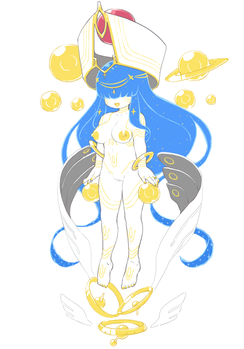 1girl angel_wings blue_hair body_markings breasts completely_nude covered_eyes facial_mark floating floating_object hair_over_eyes highres kuro_(kurojill) large_breasts levitation long_bangs long_hair navel nipples nude orb original pussy smile wings