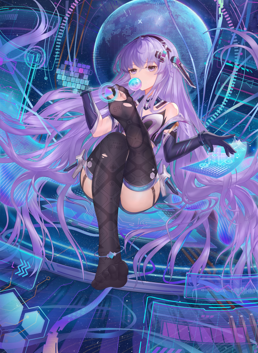 1girl absurdres anklet bare_shoulders black_garter_belt black_thighhighs blowing_bubbles breasts cyberspace dress elbow_gloves feet foot_focus garter_belt gloves hairband headgear highres hologram holographic_interface holographic_keyboard holographic_monitor jewelry leg_up long_hair looking_ahead multicolored_clothes no_shoes original play_button purple_dress purple_eyes purple_gloves purple_hair purple_hairband small_breasts soles solo thighhighs torn_clothes torn_thighhighs typing very_long_hair wristband yizhibao