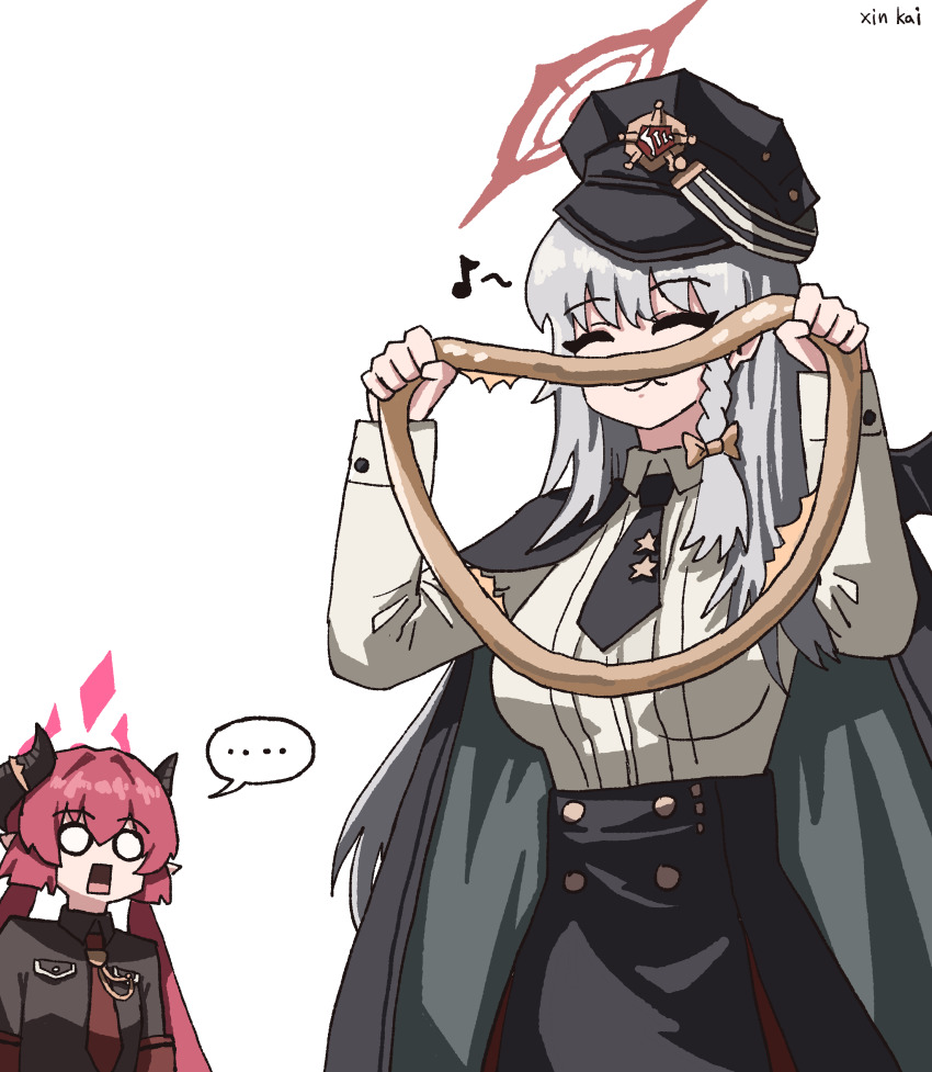 ... 2girls absurdres artist_name black_hat black_necktie black_wings blue_archive closed_eyes demon_horns demon_wings eighth_note food grey_hair halo haruna_(blue_archive) hat highres holding holding_food holding_pizza horns junko_(blue_archive) kai_xin long_hair multiple_girls musical_note necktie pizza pointy_ears red_hair red_halo shirt simple_background single_wing speech_bubble spoken_ellipsis twintails upper_body white_background white_shirt wings