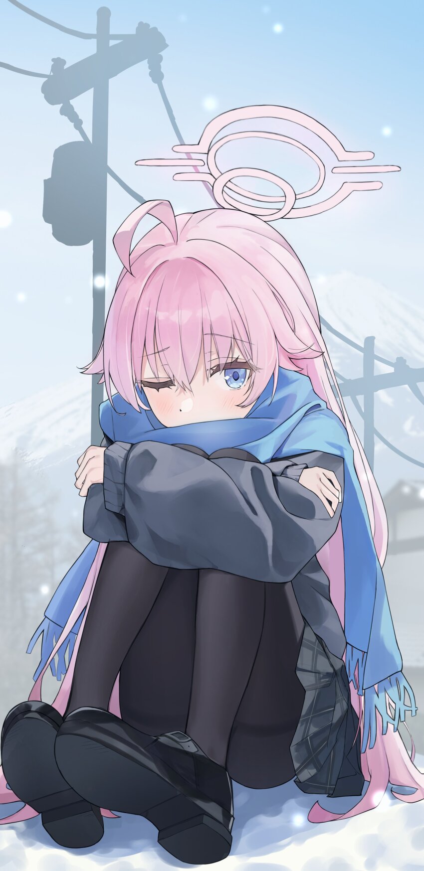 1girl absurdres ahoge blue_archive blue_eyes blue_scarf blush double-parted_bangs fringe_trim grey_skirt grey_sweater hair_between_eyes highres hoshino_(blue_archive) kucu long_hair looking_at_viewer official_alternate_costume official_alternate_hairstyle pantyhose pink_hair scarf shoes simple_background skirt solo sweater