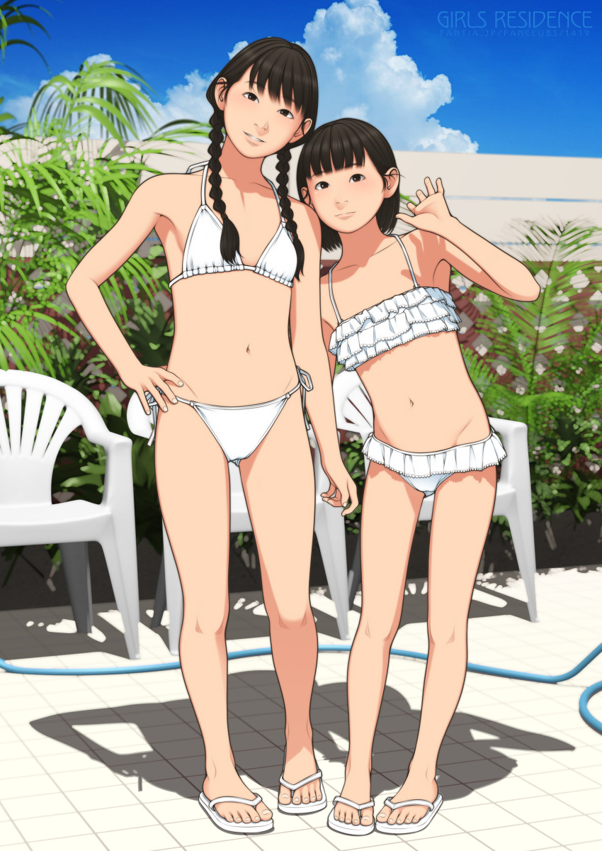 2girls absurdres bare_shoulders bikini black_eyes blue_sky braid braided_twintails brown_hair cameltoe chair cloud cloudy_sky day english_text flip-flops foliage frilled_bikini frilled_bikini_top frills halterneck hand_on_own_hip highres hose looking_at_viewer multiple_girls original outdoors sandals shadow shinchou_ni_kansuru_kousatsu short_hair siblings side-tie_bikini_bottom sisters sky smile swimsuit twin_braids waving white_bikini