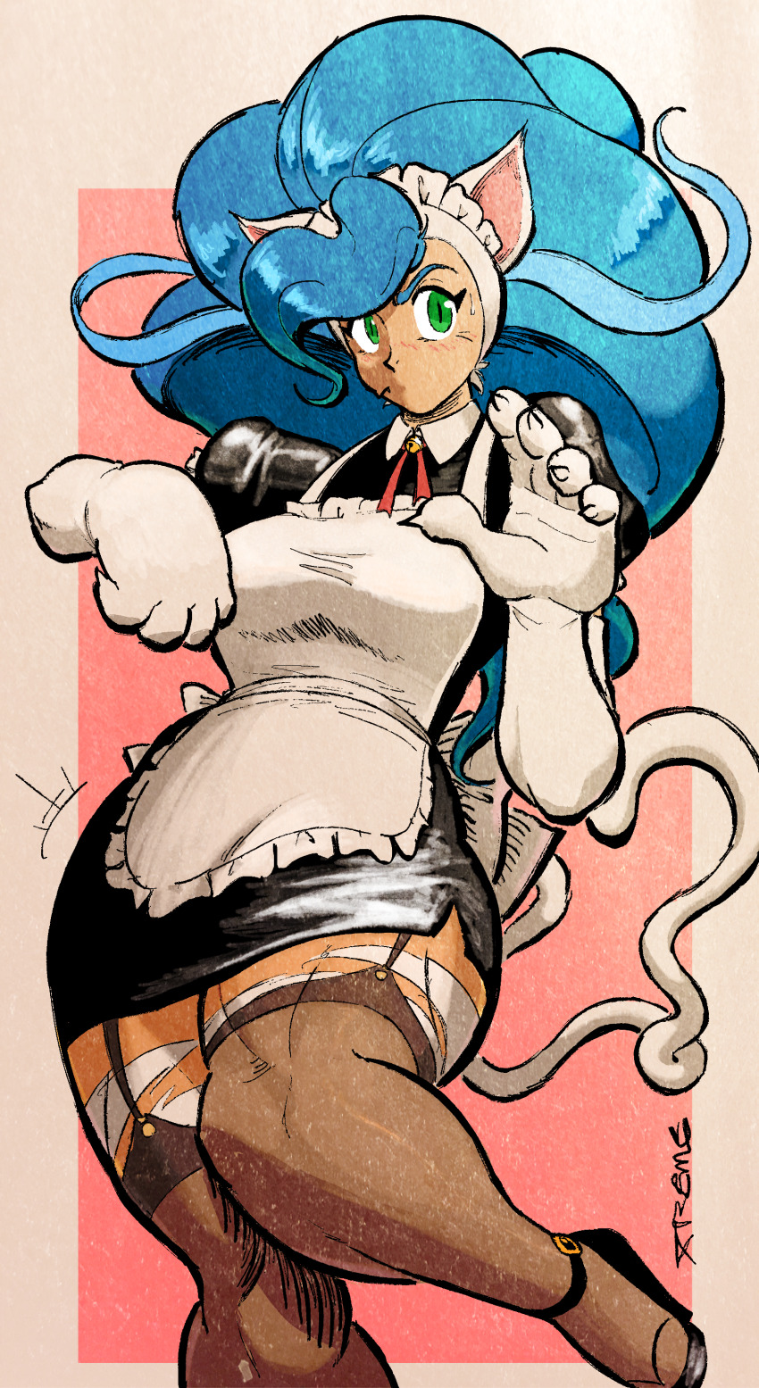 1girl absurdres animal_ears ankle_strap apron bell big_hair black_dress black_footwear blue_hair breasts brown_socks buckle capcom cat_ears cat_girl cat_tail claw_pose claws commentary cowboy_shot dress english_commentary felicia_(darkstalkers) garter_straps high_heels highres jingle_bell large_breasts leg_up maid maid_apron maid_headdress nervous nervous_sweating puffy_short_sleeves puffy_sleeves red_ribbon ribbon sash short_dress short_sleeves signature simple_background socks solo sweat sweatdrop tail thick_thighs thighhighs thighs darkstalkers white_fur white_ribbon white_sash xtremexavier zettai_ryouiki