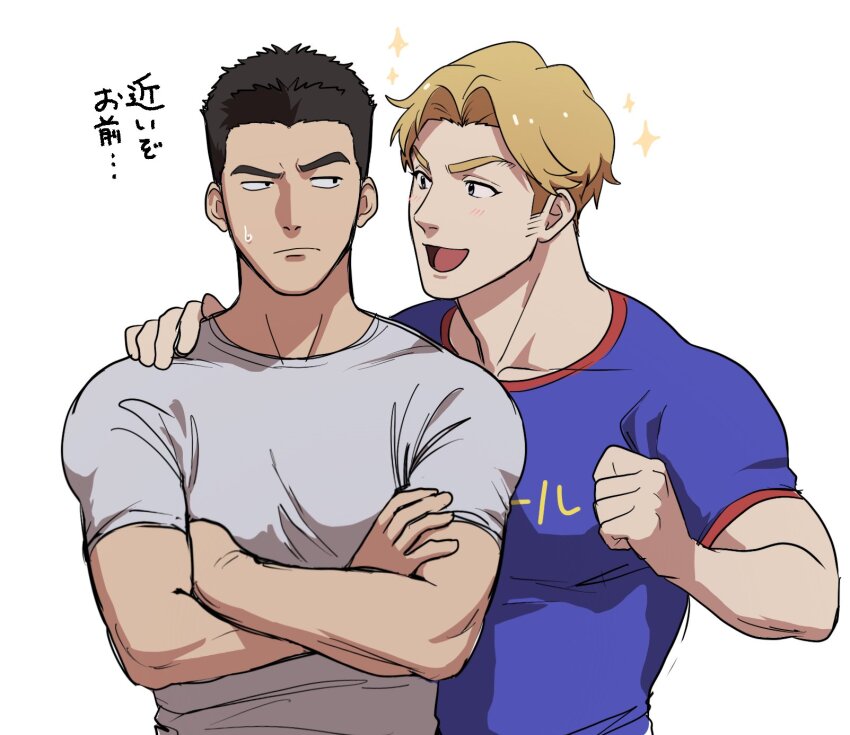 2boys ao_isami bitaro black_hair blonde_hair clenched_hand couple crossed_arms facial_hair hand_on_another&#039;s_shoulder highres lewis_smith male_focus medium_sideburns multiple_boys pectorals shirt sideburns_stubble sideways_glance sparkle sparkling_aura stubble t-shirt thick_eyebrows toned toned_male translation_request upper_body yaoi yuuki_bakuhatsu_bang_bravern