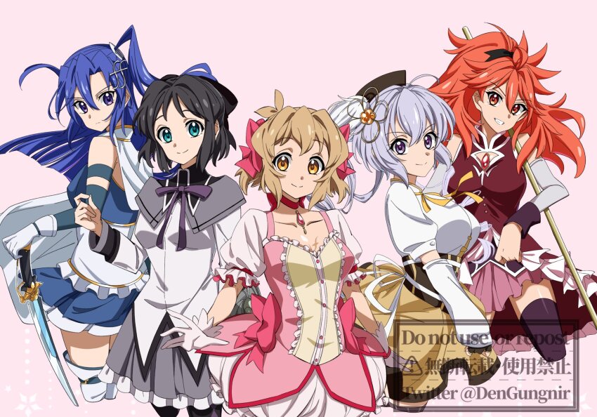 5girls akemi_homura akemi_homura_(cosplay) akemi_homura_(magical_girl) amou_kanade aqua_eyes artist_logo bare_shoulders beret black_hair black_hat black_ribbon blonde_hair blue_hair blue_skirt bow brown_eyes cape collarbone cosplay crossover detached_sleeves dress fortissimo garter_belt gloves hair_bow hair_ornament hair_ribbon hat high-low_skirt high_ponytail highres kanaden kaname_madoka kaname_madoka_(cosplay) kaname_madoka_(magical_girl) kazanari_tsubasa kohinata_miku logo long_hair looking_at_viewer magical_girl mahou_shoujo_madoka_magica mahou_shoujo_madoka_magica_(anime) miki_sayaka miki_sayaka_(cosplay) miki_sayaka_(magical_girl) multiple_girls musical_note musical_note_hair_ornament pink_background pink_bow pink_dress planted planted_sword planted_weapon polearm ponytail puffy_short_sleeves puffy_sleeves purple_hair red_hair red_thighhighs ribbon sakura_kyoko sakura_kyoko_(cosplay) sakura_kyoko_(magical_girl) senki_zesshou_symphogear short_hair short_sleeves simple_background skirt sleeveless sleeveless_dress smile soul_gem sword tachibana_hibiki_(symphogear) thighhighs tomoe_mami tomoe_mami_(cosplay) tomoe_mami_(magical_girl) watermark weapon white_cape white_dress white_gloves white_thighhighs yukine_chris