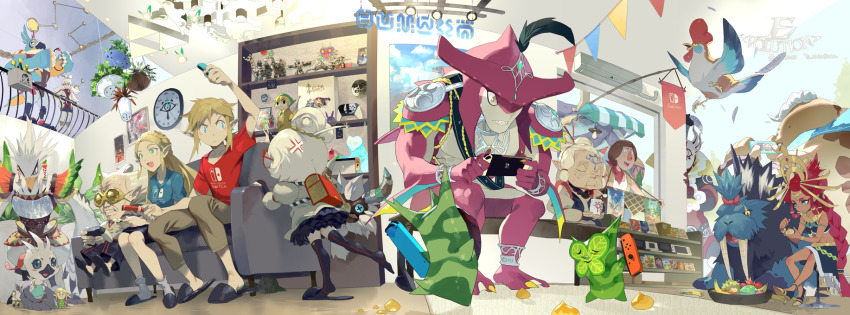anger_vein artist_logo aunt_and_niece blonde_hair casual character_request clenched_teeth controller couch dark-skinned_female dark_skin deku drawing_(object) e_volution figure fisheye full_body game_controller gerudo goron grandmother_and_granddaughter grey_hair handheld_game_console height_difference highres holding holding_controller impa indoors joy-con link logo long_hair looking_at_another mipha moon_(zelda) nervous_sweating nintendo nintendo_ds nintendo_switch old old_man pants paya_(zelda) playing_games poster_(object) princess_zelda purah purah_(young) red_hair ring-con ring_fit_adventure rito sharp_teeth shirt siblings sidon sisters sitting smile standing sweat teeth the_legend_of_zelda the_legend_of_zelda:_a_link_between_worlds the_legend_of_zelda:_breath_of_the_wild the_legend_of_zelda:_majora&#039;s_mask the_legend_of_zelda:_the_wind_waker very_long_hair watermark zora