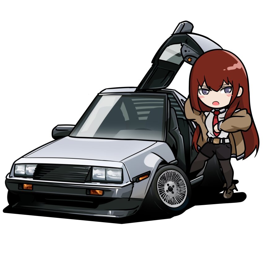 1girl absurdres back_to_the_future belt black_footwear black_pantyhose black_shorts blush brown_hair chibi collared_shirt commentary crossover delorean english_commentary grey_eyes gullwing_doors highres holeecrab long_hair looking_at_viewer makise_kurisu open_mouth pantyhose shirt shorts simple_background solo steins;gate vehicle_focus very_long_hair white_background white_belt white_shirt