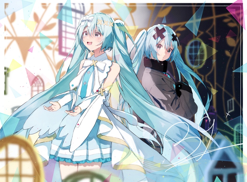 2girls absurdres aqua_hair aqua_nails aqua_necktie aqua_skirt batsu_miku blush bow closed_mouth commentary dress dual_persona green_eyes grey_jacket hair_between_eyes hair_bow hair_ornament hatsune_miku highres hiramado_miku jacket kowareta_sekai_to_utaenai_miku kuten_1111 long_hair long_sleeves multiple_girls necktie official_alternate_costume open_mouth pleated_skirt project_sekai skirt sleeveless sleeveless_dress sleeves_past_wrists smile symbol-only_commentary turtleneck turtleneck_jacket twintails very_long_hair vocaloid white_bow white_dress wide_sleeves x_hair_ornament yellow_trim