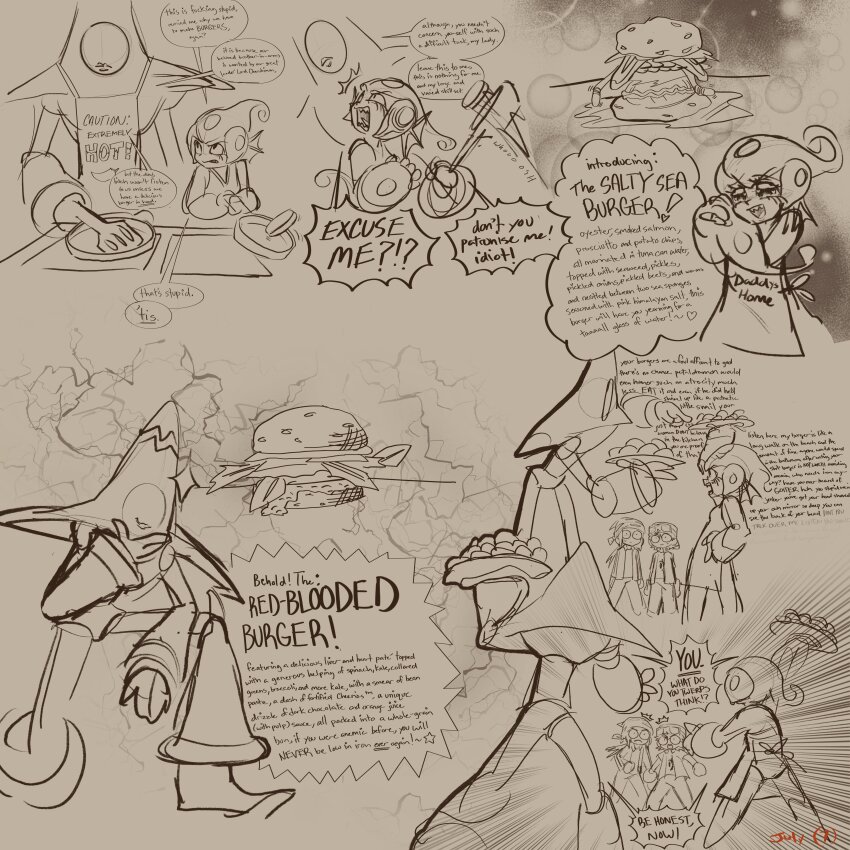 1girl 2boys absurdres armor burger cooking digimon digimon_(creature) english_text fins flamemons food frog_girl head_fins helmet highres kanbara_takuya looking_at_another mercuremon minamoto_kouji mirror monochrome monster_girl multiple_boys ranamon shield sketch