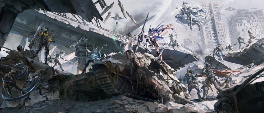 6+boys 6+girls absurdres ace_(arknights) animal_ears arknights battle black_jacket black_pants black_shorts blaze_(arknights) blue_hair body_armor building cat_ears chainsaw copyright_name dress floating gloves goggles grey_hair grey_sky gun halo hammer hateful_avenger_(arknights) head_wings helmet highres holding holding_chainsaw holding_gun holding_hammer holding_shield holding_staff holding_sword holding_weapon jacket logos_(arknights) long_hair mantra_(arknights) mechanist_(arknights) misery_(arknights) multiple_boys multiple_girls outcast_(arknights) pants pith_(arknights) raidian_(arknights) rosmontis_(arknights) ruins scout_(arknights) sharp_(arknights) shield shieldguard_(arknights) short_hair shorts sky skyscraper snake_tail staff stormeye_(arknights) sword tail touch_(arknights) urban weapon white_dress white_hair white_jacket wings z_05