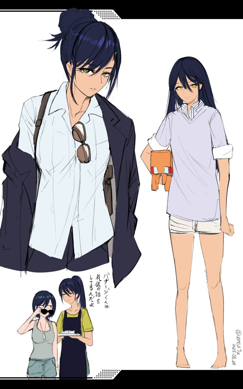 1girl 2girls aged_up amate_yuzuriha apron aqua_eyes artist_name breasts cent_u closed_mouth collared_shirt commentary_request conch_(gundam) dated gun gundam gundam_gquuuuuux hair_bun highres holding jacket long_sleeves looking_at_viewer multiple_girls nyaan_(gundam_gquuuuuux) open_mouth ponytail shirt short_hair short_sleeves shorts simple_background sunglasses tank_top translation_request twitter_username weapon white_background