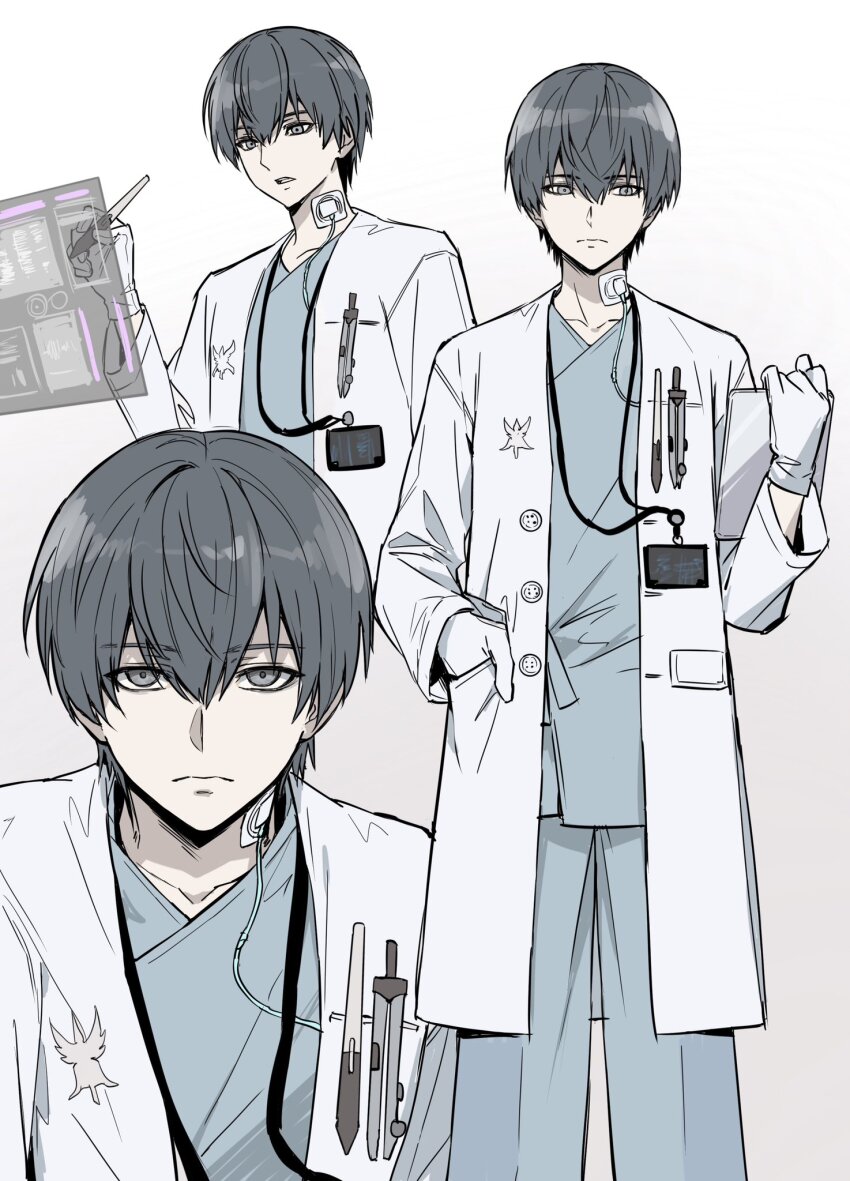 1boy calyx_(ff14) coat commentary final_fantasy final_fantasy_xiv frown gloves grey_eyes grey_hair hashtag-only_commentary highres holographic_monitor hospital_gown lab_coat looking_at_object looking_at_viewer looking_to_the_side male_focus mbomb multiple_views simple_background stylus white_background white_coat white_gloves