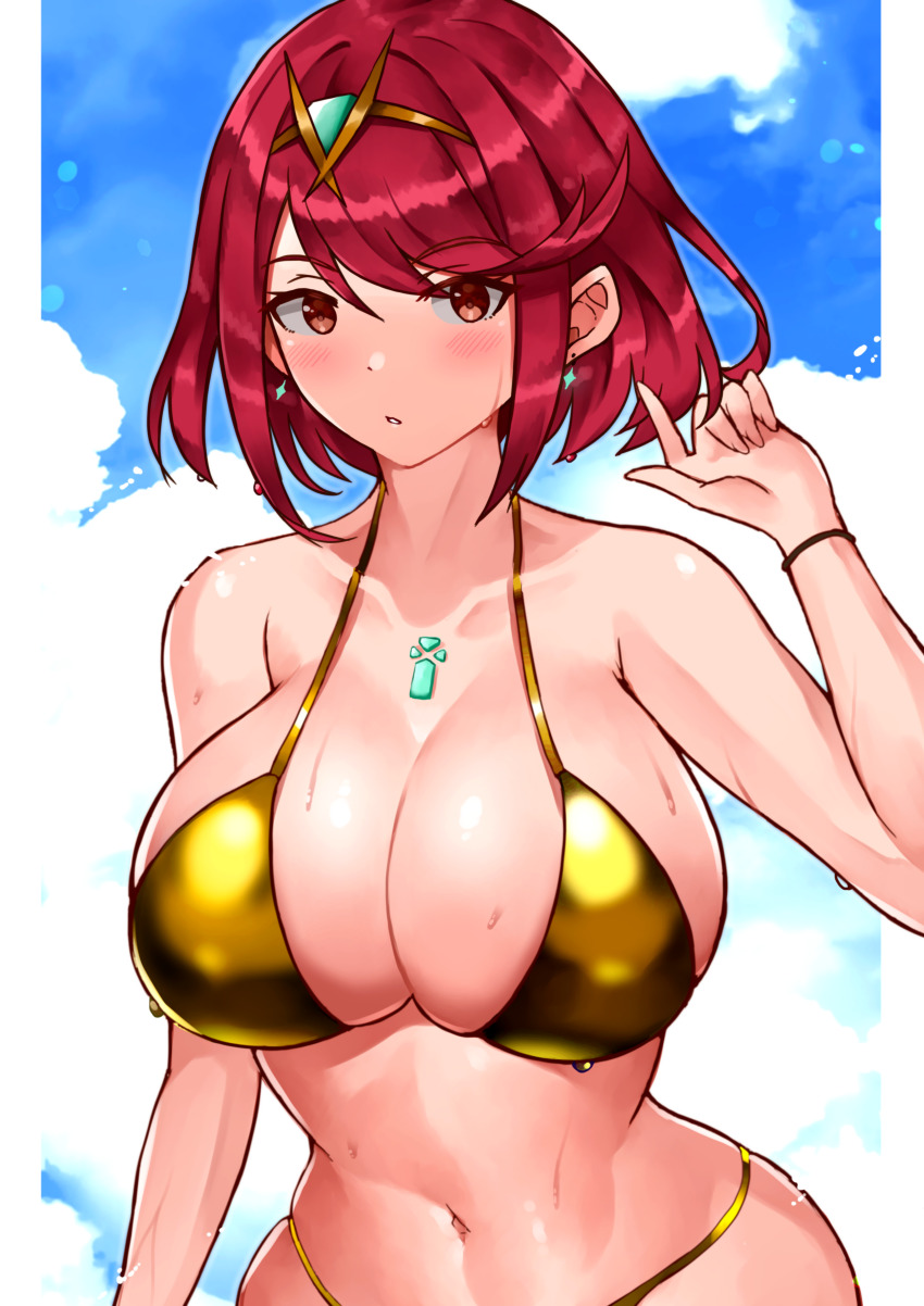 1girl absurdres bare_shoulders bikini blue_sky blush bob_cut border bracelet breasts chest_jewel cleavage cloud collarbone core_crystal_(xenoblade) cowboy_shot earrings gold_bikini highres jewelry large_breasts looking_at_viewer navel parted_lips pillarboxed pyra_(xenoblade) red_eyes red_hair short_hair skindentation sky solo swept_bangs swimsuit tiara wet white_border xenoblade_chronicles_(series) xenoblade_chronicles_2 yotsuha_uni