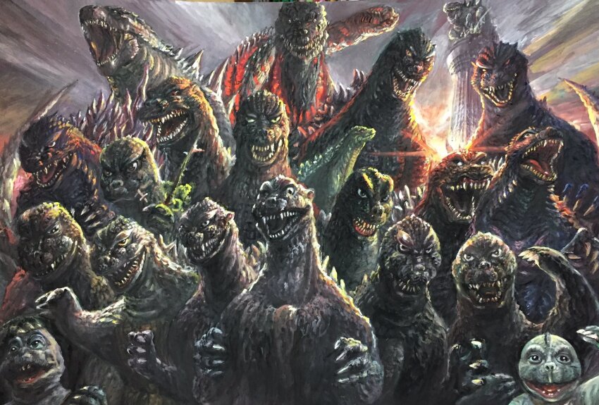 cloud crossover dancing dual_persona everyone father_and_son g.n.a giant giant_monster godzilla godzilla,_mothra_and_king_ghidorah:_giant_monsters_all-out_attack godzilla:_final_wars godzilla:_tokyo_s.o.s. godzilla_(1954) godzilla_(2014) godzilla_(series) godzilla_(shin) godzilla_2000:_millennium godzilla_junior godzilla_raids_again godzilla_the_series godzilla_vs._biollante godzilla_vs._destoroyah godzilla_vs._gigan godzilla_vs._king_ghidorah godzilla_vs._megalon_(1973) godzilla_vs._monster_zero highres kaiju king_kong_(series) king_kong_vs._godzilla legendary_pictures minilla monsterverse mothra_vs._godzilla multiple_persona no_humans no_pupils parent_and_child possessed red_eyes scar scar_on_chest sharp_teeth shin_godzilla son_of_godzilla sunlight tail teeth the_return_of_godzilla toho tokyo_skytree tree tri-stars white_eyes zilla