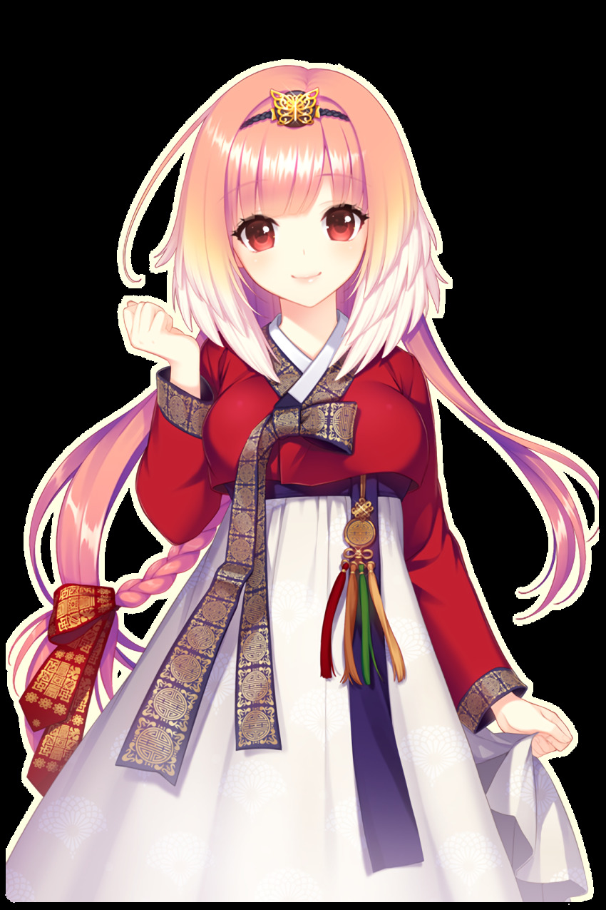 1girl braid breasts butterfly_hair_ornament hair_ornament hanbok hand_up highres korean_clothes long_hair looking_at_viewer medium_breasts official_art pink_hair red_eyes selena_(soccer_spirits) shirahane_nao soccer_spirits transparent_background