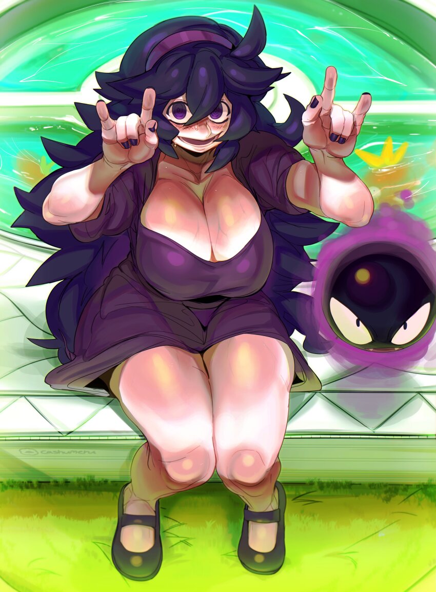 @_@ absurdres breasts cashumeru dress fingernails gastly gen_1_pokemon hands_up hex_maniac_(pokemon) highres knees large_breasts long_hair looking_at_viewer mary_janes mature_female nail_polish nintendo open_mouth pokemon pokemon_xy purple_dress purple_eyes purple_hair shoes sitting sweat thick_thighs thighs veins veiny_breasts wide_hips