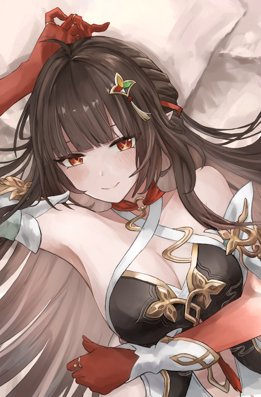 1girl absurdres ahoge amane_ito arm_above_head armpits breasts brown_hair cleavage colored_extremities commentary_request hair_ornament highres honkai:_star_rail honkai_(series) large_breasts lingsha_(honkai:_star_rail) long_hair looking_at_viewer pointy_ears red_eyes red_hands smile solo upper_body very_long_hair