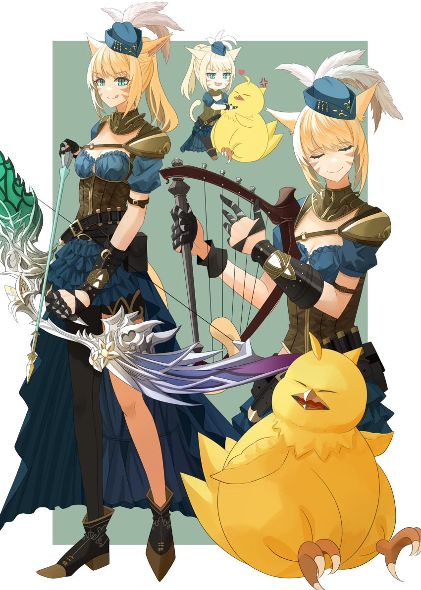 1girl anger_vein animal animal_ears animal_hug asymmetrical_legwear bard_(final_fantasy) belt belt_pouch black_footwear black_thighhighs blonde_hair blue_dress blue_hair blue_skirt boots bow_(weapon) breasts brown_corset cat_ears cat_tail chibi closed_eyes closed_mouth corset dress fat_chocobo final_fantasy final_fantasy_xiv finger_wrap frilled_skirt frills full_body gloves half_gloves hat heart highres holding holding_bow_(weapon) holding_harp holding_weapon instrument licking_lips long_bangs mini_hat miqo&#039;te music ojiki open_mouth platform_boots platform_footwear playing_instrument pointy_footwear ponytail pouch short_hair shoulder_pads simple_background skirt small_breasts smile tail thighhighs tongue tongue_out warrior_of_light_(ff14) weapon