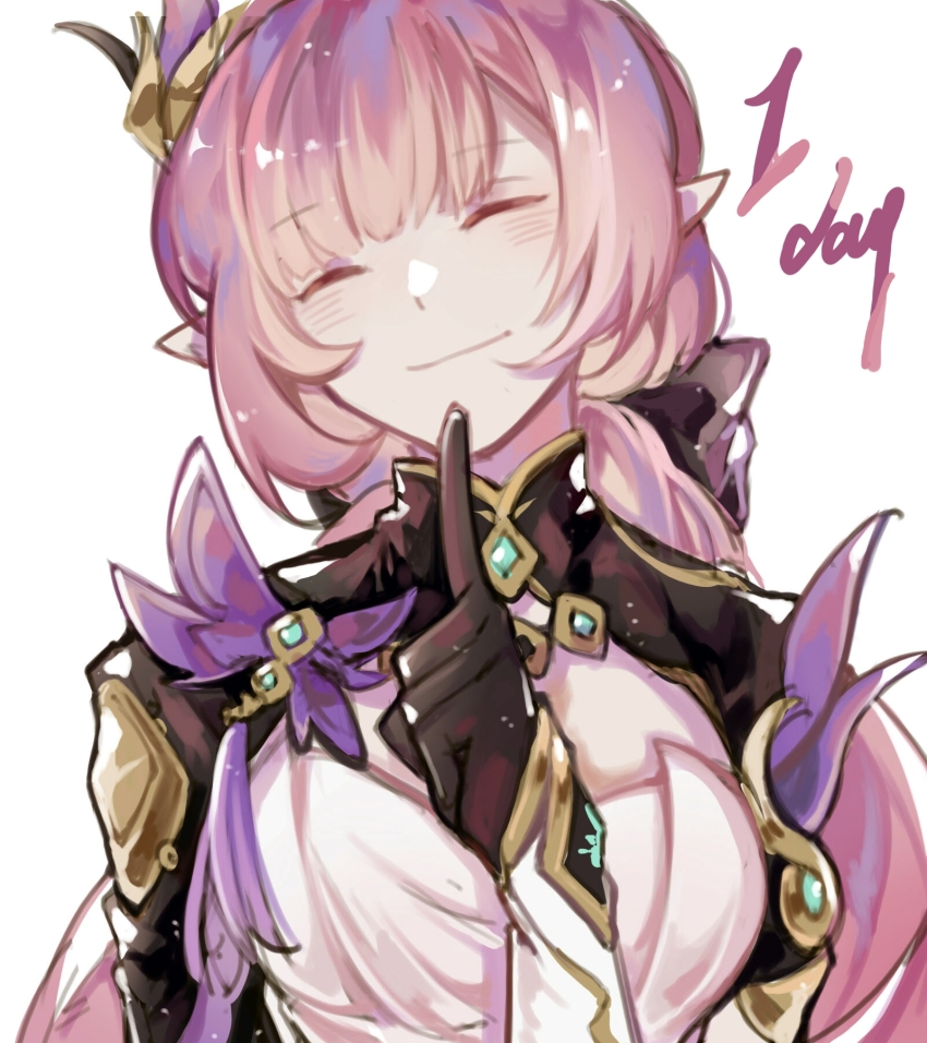 1girl black_gloves breasts chinese_commentary closed_eyes commentary corset elf elysia_(honkai_impact) elysia_(miss_pink_elf)_(honkai_impact) gloves hair_ornament highres honkai_(series) honkai_impact_3rd large_breasts long_hair pink_hair pointy_ears shrug_(clothing) simple_background smile solo tangsenkelly upper_body white_background white_corset