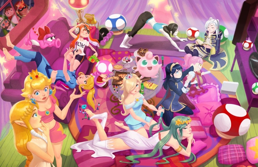 3boys 6+girls alternate_costume animal_crossing asymmetrical_hair birdo blonde_hair blue_eyes blue_hair blush breasts captain_falcon carpet closed_eyes controller cookie couch crossover crown curtains dumbbell earrings earthbound_(series) f-zero feet fire_emblem food game_console game_controller gen_1_pokemon green_hair helmet inkling_girl inkling_player_character jchanarts jewelry jigglypuff kid_icarus kneeling lips lucina_(fire_emblem) luigi mario_(series) medium_breasts metroid multiple_boys multiple_girls nintendo one_eye_closed open_mouth orange_hair pajamas pillow pink_hair pointy_ears pokemon princess_zelda rosalina samus_aran shorts single_thighhigh sleepover smile soles splatoon_(series) stretching super_smash_bros. television the_legend_of_zelda thighhighs toadette video_game villager_(animal_crossing) wii wii_fit wii_fit_trainer wii_remote window