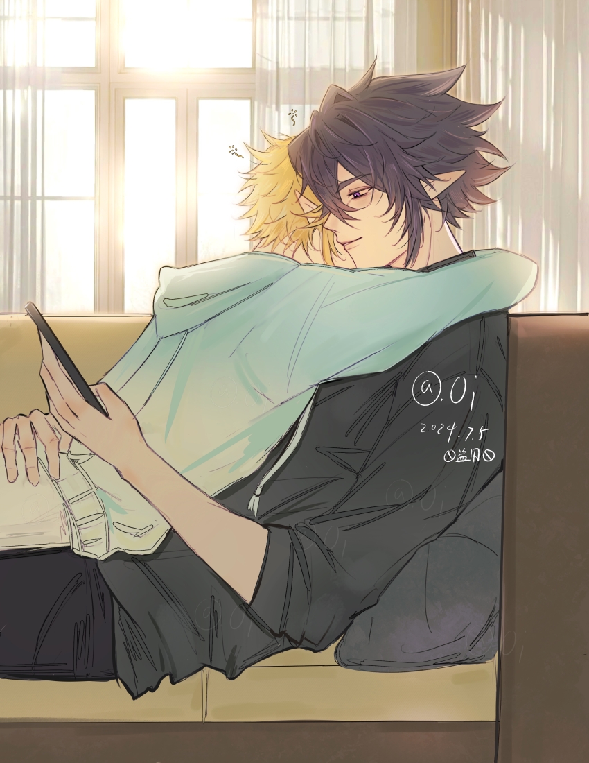 2boys absurdres alternate_costume aotu_world artist_name black_hair black_pants black_shirt blonde_hair book closed_eyes couch curtains english_text hair_between_eyes highres holding holding_book hood hood_down hoodie hug indoors king_(aotu_world) long_sleeves looking_at_another male_focus multiple_boys on_couch open_mouth pants parted_lips phone pillow plutoray pointy_ears purple_eyes ray_(aotu_world) reading shirt short_hair sidelocks sitting smile spiked_hair watermark window yaoi