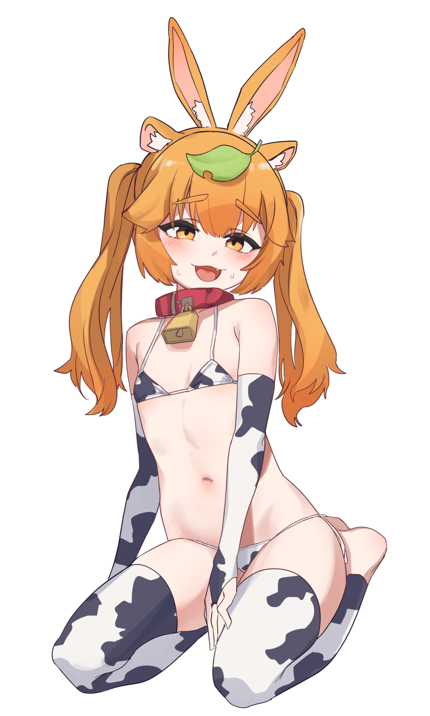 1girl :d absurdres animal_ear_fluff animal_ears animal_print aningay bare_shoulders barefoot bell bikini blush bridal_gauntlets collar collarbone cow_print detached_leggings fake_animal_ears fang flat_chest full_body hair_between_eyes highres indie_virtual_youtuber leaf leaf_on_head looking_at_viewer navel neck_bell open_mouth orange_eyes orange_hair print_bikini red_collar seiza side-tie_bikini_bottom simple_background sitting smile solo sweat swimsuit thick_eyebrows twintails virtual_youtuber weaselrabbit white_background