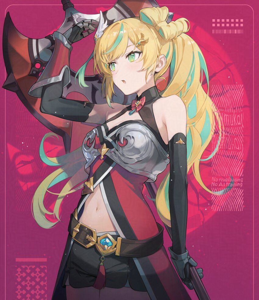 1girl :o absurdres aqua_hair arm_up armor axe battle_axe black_dress black_gloves black_shorts blonde_hair bow bow-shaped_hair bowtie braid breasts cleavage_cutout clothing_cutout cowboy_shot double-sided_axe dress elbow_gloves gauntlets gloves green_eyes hair_ornament hair_ribbon hairclip highres holding holding_axe long_hair medium_breasts midriff_peek multicolored_hair navel nijisanji open_mouth pauldrons red_background red_dress red_ribbon ribbon ribbon_braid ribbon_hair shorts shoulder_armor side_ponytail simple_background single_gauntlet single_pauldron single_vambrace sleeveless sleeveless_dress solo streaked_hair tachitsute_toto tachitsute_toto_(1st_costume) tassel tiimukai vambraces virtual_youtuber weapon wing_hair_ornament