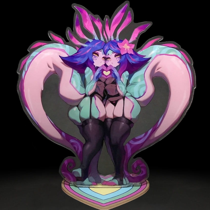 1girl black_background black_bra black_panties black_thighhighs blue_hair bra breasts brown_background flower garter_belt hair_flower hair_ornament heart heart_hands heart_hands_duo highres league_of_legends long_hair neeko_(league_of_legends) panties pink_flower pink_hair reagan_long selfcest shiny_skin skindentation small_breasts solo standing thighhighs toeless_legwear underwear