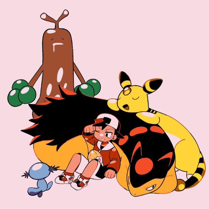 1boy ampharos backwards_hat black_eyes black_shirt clenched_hands clenched_teeth ethan_(pokemon) gen_2_pokemon hand_up hat jacket long_sleeves male_focus nintendo one_eye_closed pokemon pokemon_(creature) pokemon_gsc red_jacket shirt shoes shorts sitting sudowoodo teeth togepi tyako_089 typhlosion white_shorts wooper