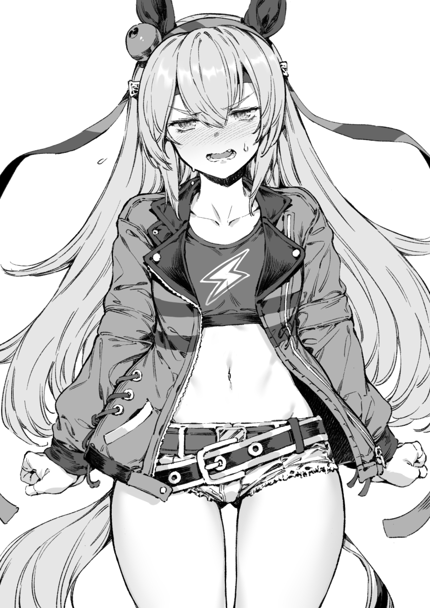 1girl animal_ears bacius belt blush breasts denim denim_shorts greyscale hair_between_eyes hair_ornament headband highres horse_ears horse_tail jacket long_hair looking_at_viewer midriff monochrome navel open_mouth short_shorts shorts small_breasts tail tamamo_cross_(umamusume) umamusume