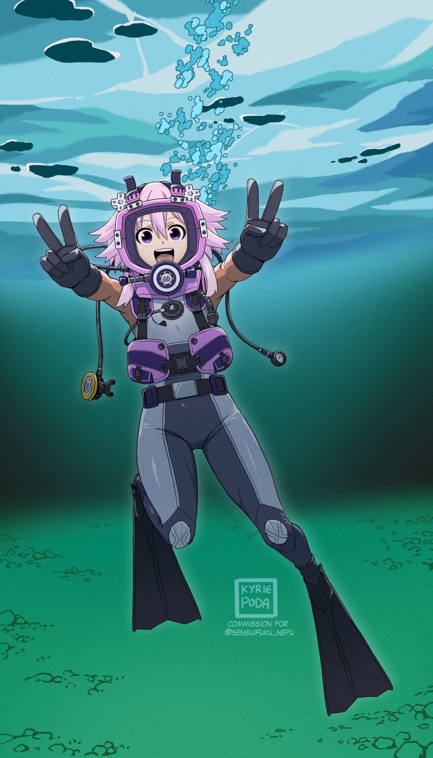 1girl absurdres air_bubble alternate_costume artist_logo artist_name black_gloves bodysuit breath bubble choujigen_game_neptune diving diving_mask diving_regulator diving_suit dry_suit flippers floating full_body gauge gloves goggles hair_ornament helmet highres hose kyriepoda logo looking_at_viewer multicolored_bodysuit multicolored_wetsuit neptune_(neptunia) neptune_(series) open_mouth oxygen_mask pink_hair pressure_gauge purple_eyes reaching scuba scuba_gear seafloor short_hair skin_tight smile solo strap submerged swimming teeth twitter_username underwater upper_teeth_only v valve weight_belt wetsuit