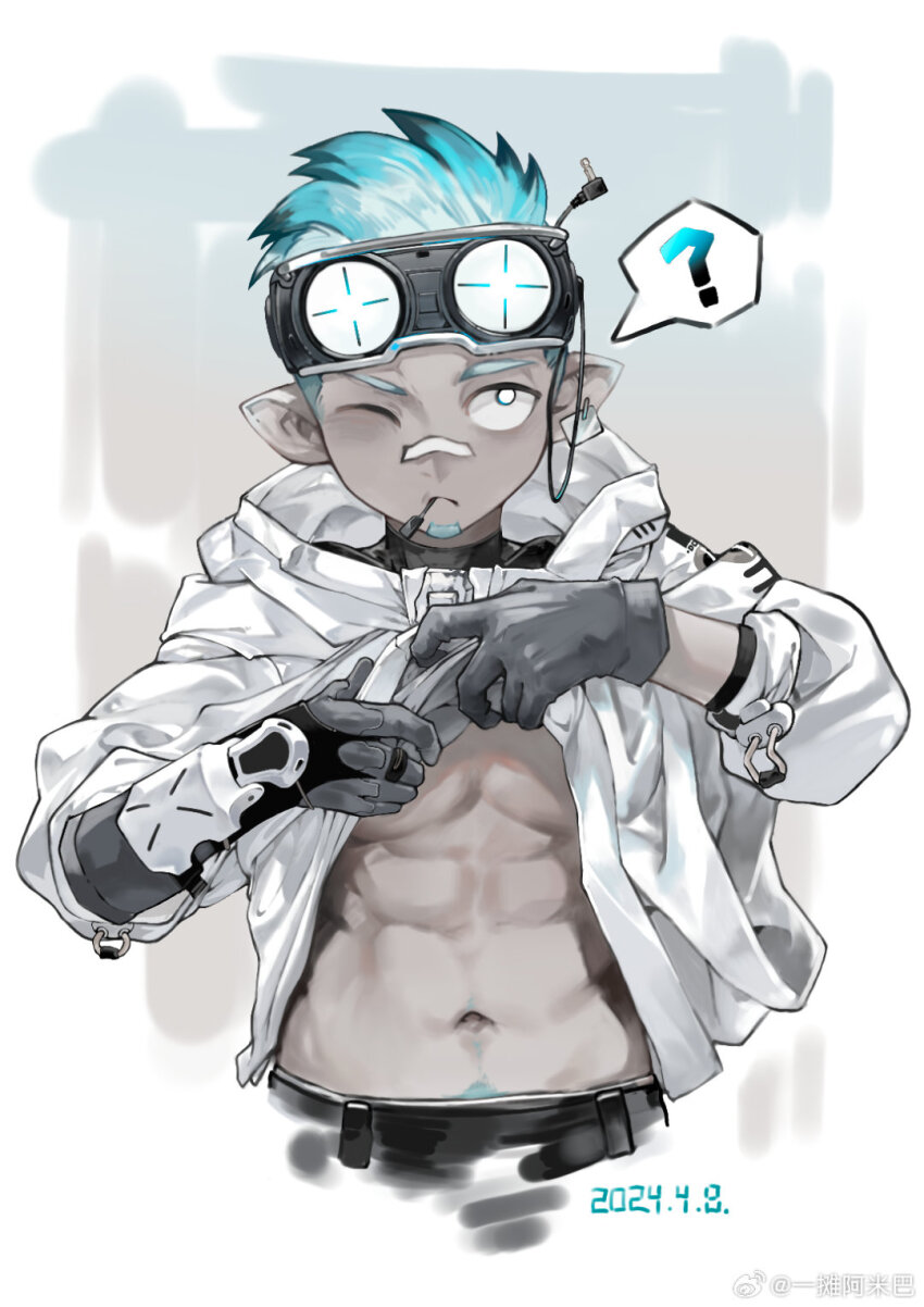 1boy ? abs arknights bandaid bandaid_on_face bandaid_on_nose black_pants black_shirt blue_hair chameleon_boy chinese_commentary closed_mouth clothes_lift commentary_request dated ethan_(arknights) facial_hair gloves goatee goggles goggles_on_head grey_background grey_gloves highres hood hood_down hooded_jacket jacket jacket_lift looking_up male_focus muscular muscular_male navel one_eye_closed oversized_zipper pants pectorals pointy_ears shirt shirt_lift speech_bubble spoken_question_mark watermark weibo_watermark white_jacket yi_tan_a_mi_ba zipper