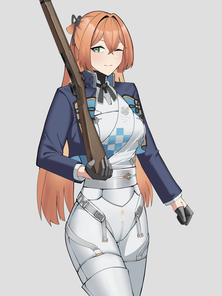 1girl absurdres black_gloves black_ribbon black_undershirt blue_jacket bodysuit bolt_action breasts brown_hair closed_mouth cropped_jacket crossed_bangs gar32 girls&#039;_frontline gloves green_eyes grey_background gun hair_between_eyes hair_ribbon hand_up highres holding holding_weapon horse_girl jacket long_hair long_sleeves medium_breasts one_eye_closed ribbon rifle simple_background smile solo springfield_(girls&#039;_frontline) very_long_hair weapon white_bodysuit