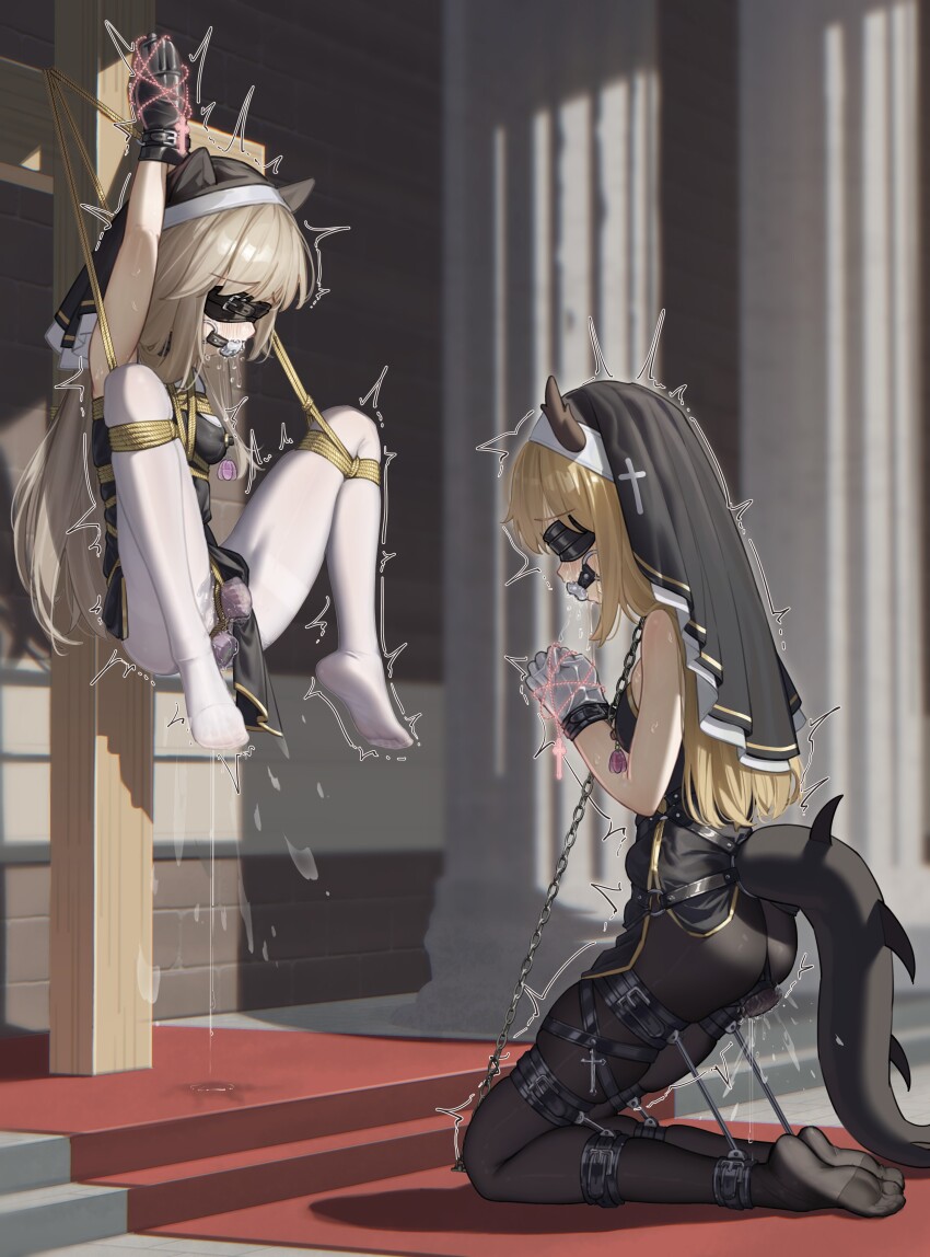 2girls absurdres anal anal_object_insertion animal_ears animi_(a123514179) ball_gag bare_shoulders bdsm begging black_blindfold black_gloves black_pantyhose blindfold blonde_hair bondage bound bound_arms bound_legs breasts covered_erect_nipples cuffs dress egg_vibrator gag gagged gloves green_eyes handcuffs hanging highres horns kneeling multiple_girls neglect_play nun object_insertion original pantyhose praying red_eyes restrained saliva sex_toy shibari shibari_over_clothes skindentation sleeveless sleeveless_dress small_breasts vaginal vaginal_object_insertion vibrator white_gloves white_pantyhose