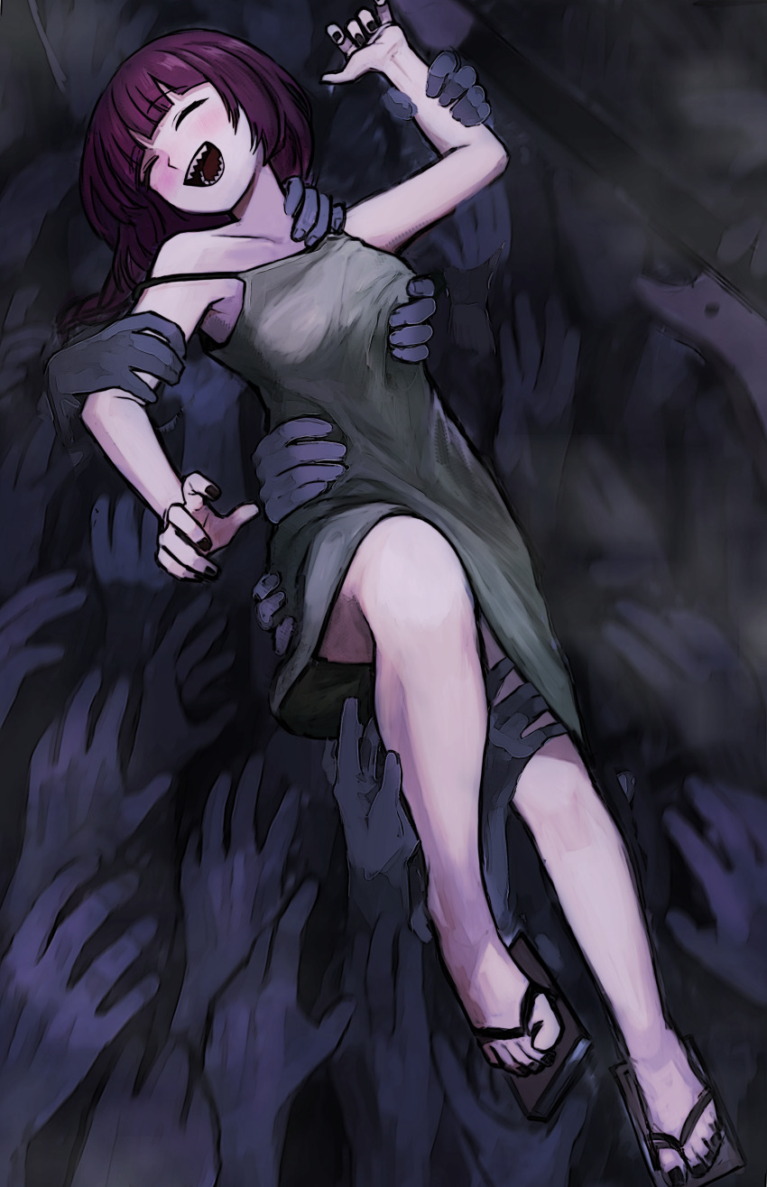 1girl ^_^ absurdres badnick69_(camchi) black_nails blush bocchi_the_rock! braid closed_eyes collarbone crowd crowd_surfing dress geta green_dress groping highres hiroi_kikuri long_hair nail_polish open_mouth purple_eyes purple_hair sharp_teeth single_braid solo teeth toenail_polish toenails