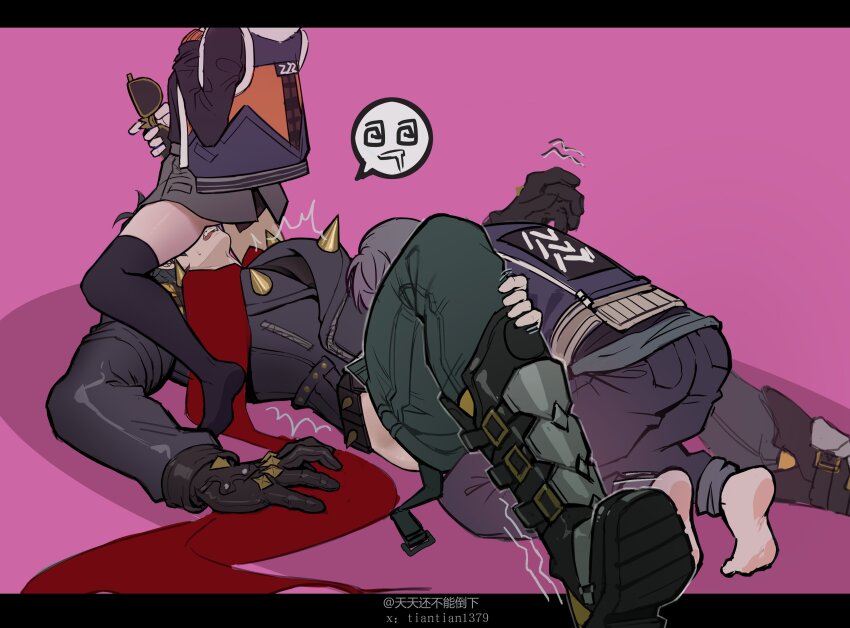 1girl 2boys @_@ absurdres artist_name barefoot belle_(zenless_zone_zero) bisexual_male black_boots black_gloves black_jacket black_pants black_shirt black_shoes black_thighhighs blue_hair blue_jacket boots breasts brother_and_sister commentary cowgirl_position cunnilingus faceless faceless_female faceless_male fellatio flinch gloves green_hair green_pants grey_hair grey_skirt group_sex head_out_of_frame heavy_breathing hetero highres hood hooded_jacket jacket leather leather_jacket lighter_(zenless_zone_zero) lying medium_breasts moaning multiple_boys no_shoes open_mouth oral pants purple_background red_scarf scarf shirt shoes siblings single_thighhigh skirt straddling sunglasses sweat sweatdrop thighhighs threesome tian88587822 twitter_username wise_(zenless_zone_zero) zenless_zone_zero