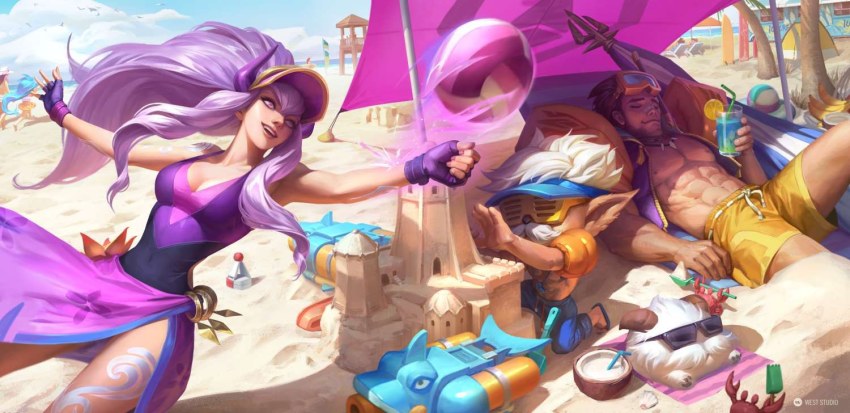1girl 2boys abs arm_tattoo armpits bad_source ball beach beach_volleyball beachball beard breasts caitlyn_(league_of_legends) cleavage closed_eyes cloud cloudy_sky coconut compression_shirt crab cup facial_hair feet_out_of_frame fingerless_gloves food fruit gloves goggles goggles_on_head hat heimerdinger horns jacket jarvan_iv_(league_of_legends) jewelry league_of_legends leg_tattoo lemon lemon_slice lifeguard lifeguard_tower long_hair looking_to_the_side lying male_swimwear messy_hair multiple_boys muscular muscular_male mustache necklace nipples official_art on_back open_clothes open_jacket open_mouth outdoors pectorals playing_sports pointy_ears ponytail pool_party_caitlyn pool_party_heimerdinger pool_party_jarvan_iv pool_party_syndra pool_party_zoe poro_(league_of_legends) purple_eyes purple_hair sand sand_castle sand_sculpture shorts skirt sky sleeveless smile smirk sunglasses surfboard swim_trunks swimsuit syndra tattoo teeth tongue umbrella unzipped volleyball volleyball_(object) water_gun west_studio west_studio white_hair yellow_male_swimwear yordle zoe_(league_of_legends)