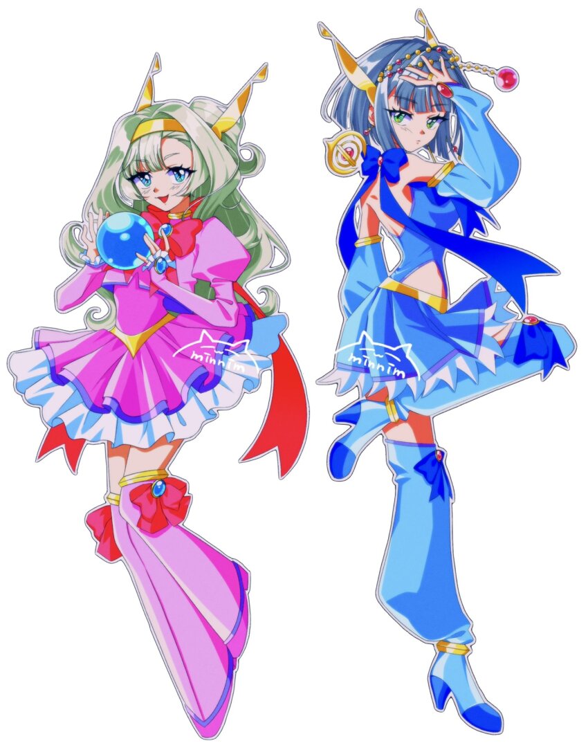 1990s_(style) 2girls :d alternate_costume asymmetrical_bangs bare_shoulders blue_bow blue_bowtie blue_dress blue_eyes blue_footwear blue_hair blunt_ends bob_cut boots bow bowtie clothing_cutout crystal_ball detached_sleeves dress earrings frilled_dress frills from_side full_body green_eyes grey_hair hand_up hands_up headgear highres jacket jewelry juliet_sleeves leg_up long_hair long_sleeves looking_at_viewer magical_girl matilda_bouanich mercuria_(reverse:1999) minnim multiple_girls one_side_up open_mouth pink_boots pink_dress pink_jacket puffy_long_sleeves puffy_sleeves red_bow red_bowtie retro_artstyle reverse:1999 short_dress side_cutout sleeveless sleeveless_dress sleeves_past_wrists smile standing standing_on_one_leg thigh_boots white_background