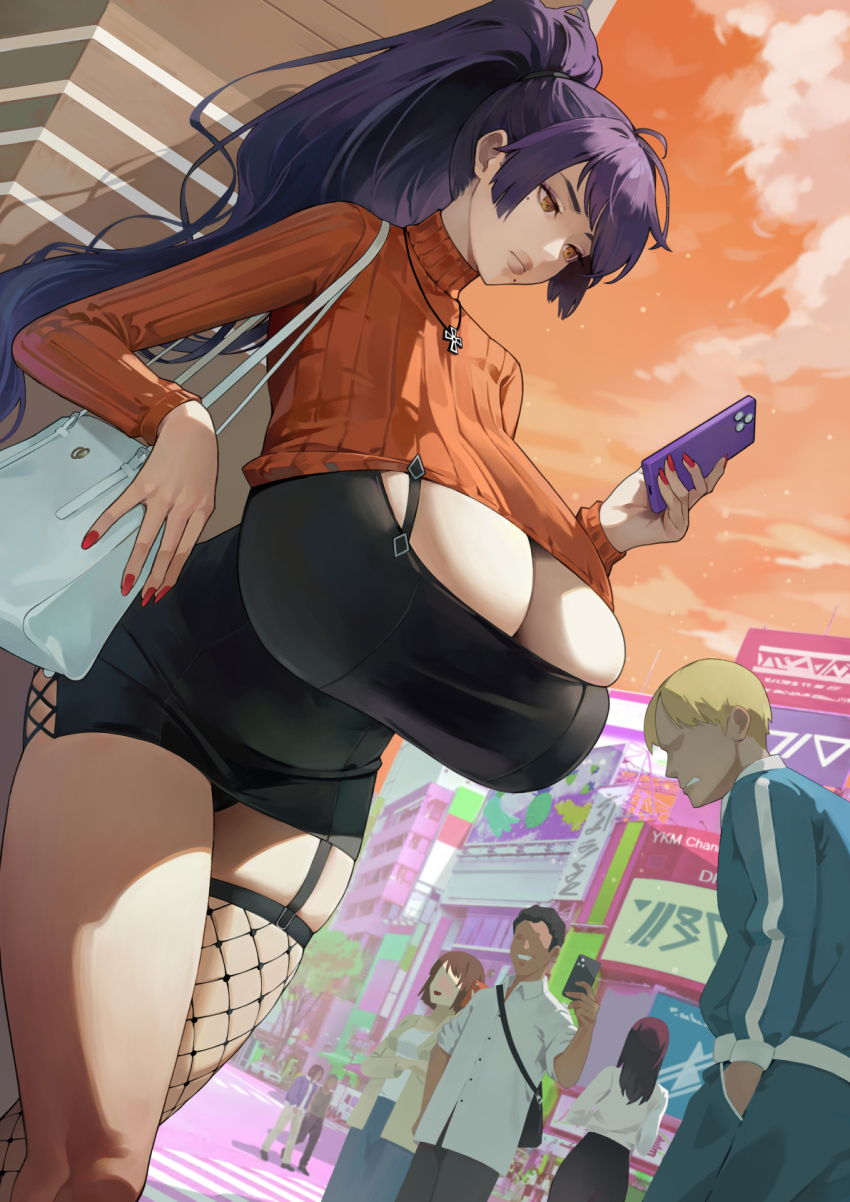 agu_(agoppdki) bag black_hair blonde_hair bored bored breasts brown_eyes cityscape cleavage colorized commentary_request faceless faceless_female faceless_male feet_out_of_frame fishnet_pantyhose fishnets grey_background high_ponytail highres huge_breasts jewelry long_hair looking_at_object looking_at_viewer mature_female maya_motoko_(agu) mole mole_under_eye mole_under_mouth nail_polish necklace orange_sky original pantyhose pearl_necklace phone ponytail purple_hair red_nails road short_hair sky smile standing street sweater tagme thighs tight_skirt turtleneck turtleneck_sweater urban very_short_skirt