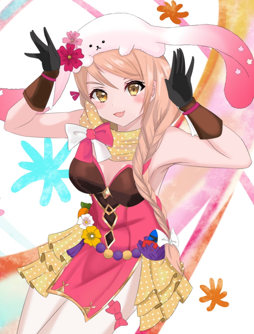 1girl absurdres animal_hat blonde_hair braid braided_ponytail brown_gloves easter expressive_clothes fire_emblem fire_emblem_engage flower_ornament framme_(fire_emblem) framme_(spring)_(fire_emblem) gloves hair_over_shoulder hat highres multicolored_background nintendo official_alternate_costume pantyhose pink_ribbon rabbit_hat rabbit_pose ribbon scarf smile solo soulxz white_ribbon yellow_eyes yellow_scarf