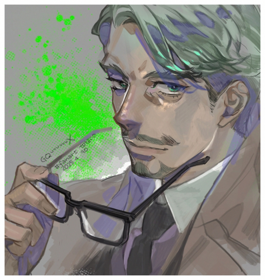 1boy artist_name beard challia_bull collared_shirt commentary_request copyright_name dated facial_hair green_eyes green_hair gundam gundam_gquuuuuux highres holding holding_removed_eyewear jacket looking_at_viewer male_focus mustache necktie portrait shirt short_hair smile solo tetz-co unworn_eyewear