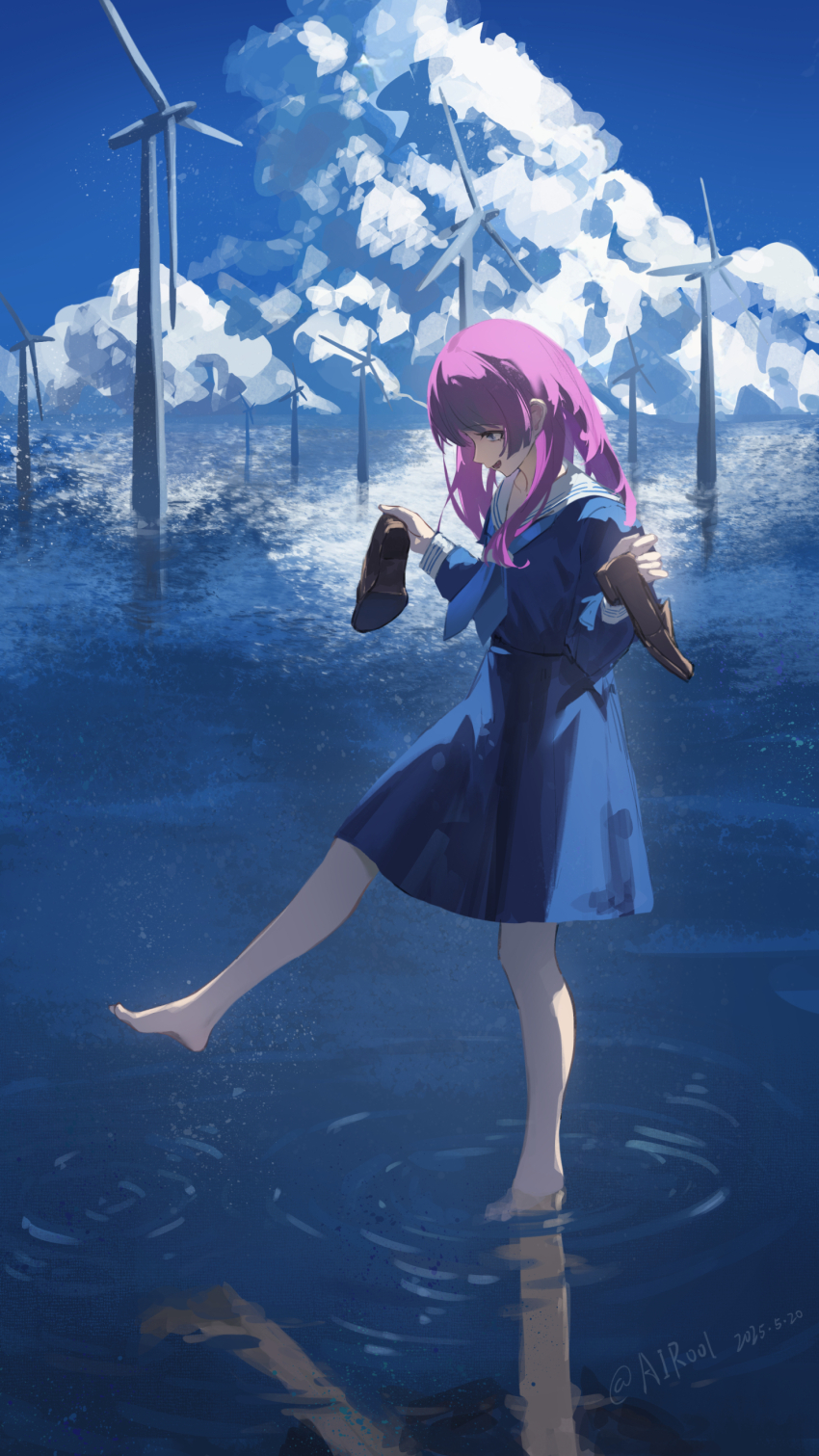 1girl :d absurdres airool backlighting bang_dream! bang_dream!_it&#039;s_mygo!!!!! barefoot blue_neckerchief blue_serafuku brown_shoes chihaya_anon chinese_commentary cloud cloudy_sky commentary_request dated day full_body grey_eyes hands_up highres holding holding_shoes holding_unworn_clothes leg_up loafers long_hair long_sleeves looking_down neckerchief open_mouth outdoors pink_hair reflection reflective_water revision ripples sailor_collar school_uniform serafuku shoes sky smile solo standing standing_on_one_leg unworn_shoes wading weibo_username white_sailor_collar wind_turbine windmill