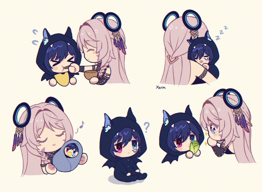 1boy 1girl aged_down animal_ears armlet baby baby_carry bare_shoulders bat_ears bat_wings bib black_gloves blue_eyes blush_stickers bowl braid cabbage carrying cheek_bulge chibi citlali_(genshin_impact) closed_eyes covering_own_mouth elbow_gloves facial_mark feather_hair_ornament feathers feeding floating_headgear food genshin_impact gloves grandmother_and_grandson hair_between_eyes hair_intakes hair_ornament hair_rings hand_over_own_mouth heterochromia highres holding holding_bowl holding_food holding_vegetable jewelry long_hair multiple_views musical_note onesie open_mouth ororon_(genshin_impact) pacifier pink_hair pink_pupils purple_hair red_eyes sidelocks single_braid sitting sleeping smile triangle triangle_facial_mark vegetable white_background wings xerin_art zzz