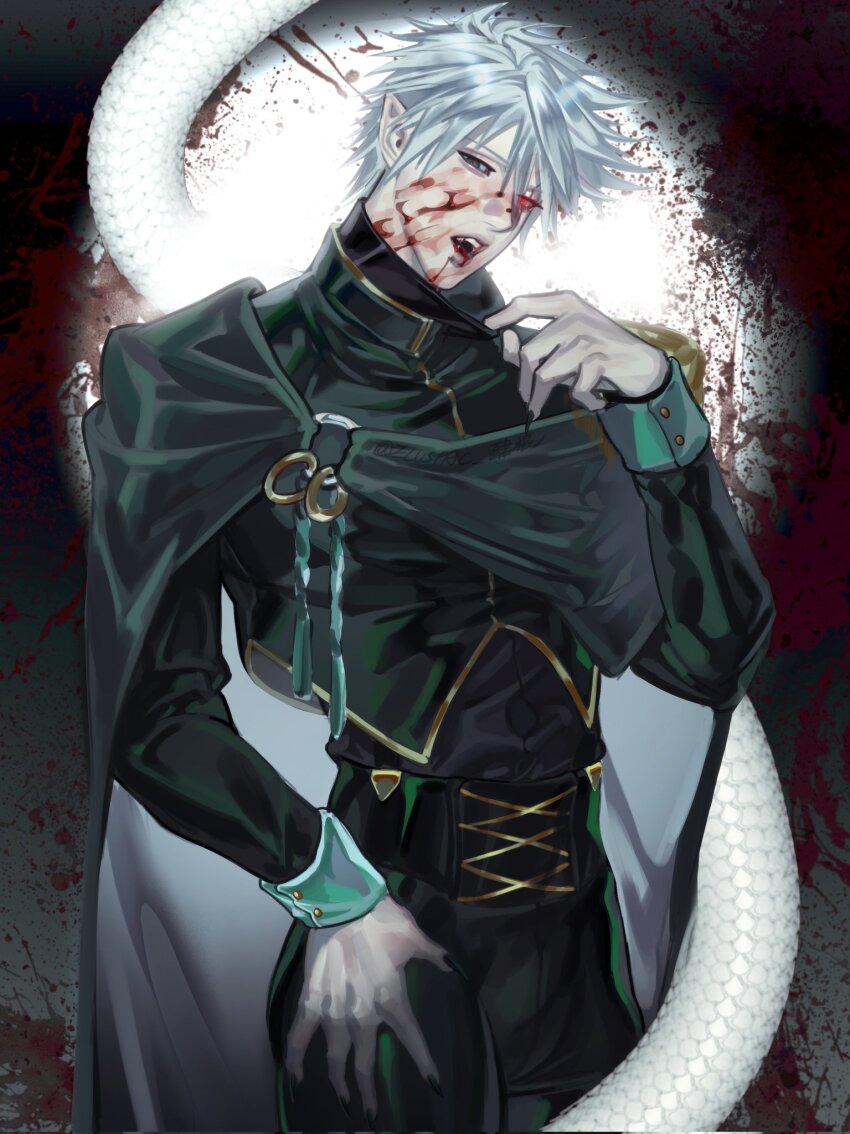 1boy alternate_costume black_nails blood blood_on_face blood_splatter cape commentary corset eluspac_maru fangs grey_hair hatake_kakashi heterochromia highres long_sleeves looking_at_viewer male_focus naruto_(series) naruto_shippuuden open_mouth pointy_ears red_eyes scar scar_across_eye scar_on_face sharingan short_hair snake solo symbol-only_commentary teeth toned toned_male vampire white_snake