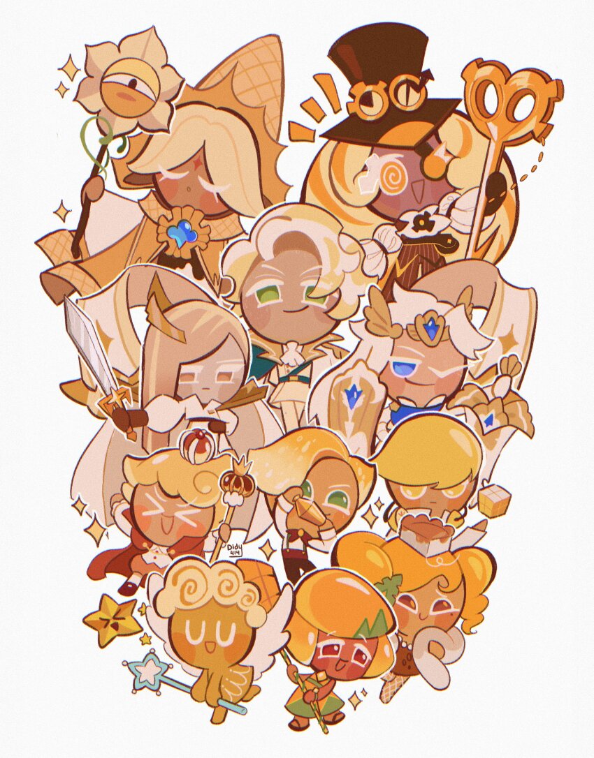 &gt;_&lt; 1other 3boys 6+boys :d :o ;) @_@ absurdres angel_cookie artist_name ascot black_gloves blonde_hair blue_brooch blue_eyes bottle brown_eyes brown_hat brown_pants celestial_star cheesecake_cookie chromatic_aberration closed_eyes closed_mouth clotted_cream_cookie commentary cookie_run cookie_run:_kingdom cookie_run:_ovenbreak crown curly_hair custard_cookie_iii dark-skinned_female dark-skinned_male dark_skin didy414 english_commentary film_grain financier_cookie food-themed_hat gloves goggles goggles_on_headwear green_eyes hat highres holding holding_bottle holding_shield holding_staff holding_sword holding_wand holding_weapon lemon_cookie long_hair long_sleeves looking_at_viewer madeleine_cookie mango_cookie mini_crown multicolored_hair multiple_boys no_pupils notice_lines one_eye_closed open_mouth orange_hair pants pinstripe_pants pinstripe_pattern puffy_long_sleeves puffy_sleeves pure_vanilla_cookie red_eyes robe shield shirt short_hair simple_background smile sparkle sparkling_cookie staff star_wand streaked_hair sword timekeeper_cookie top_hat two-tone_hair u_u very_long_hair very_short_hair wand weapon white_ascot white_background white_robe white_shirt witch_hat yellow_cloak yellow_eyes yellow_hat yellow_theme